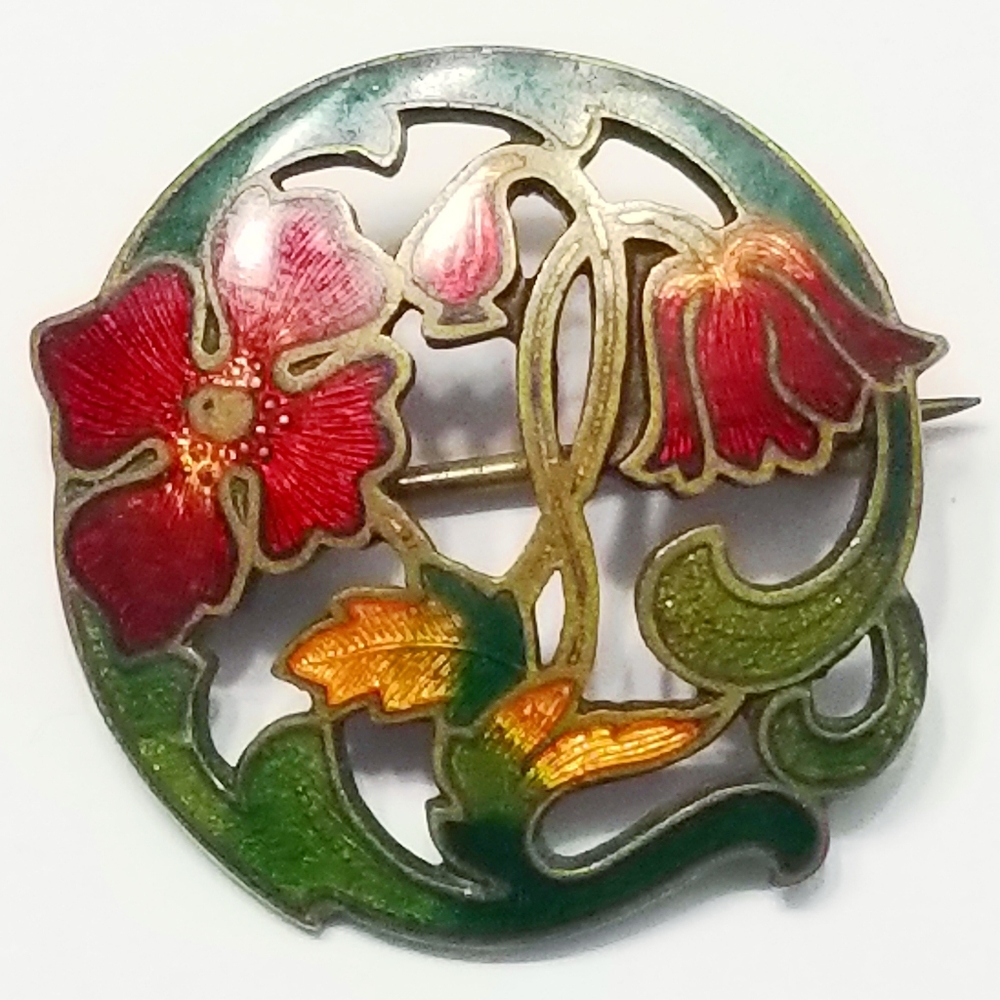Antique brooch pin poppy flowers floral gold tone Victorian Edwardian red